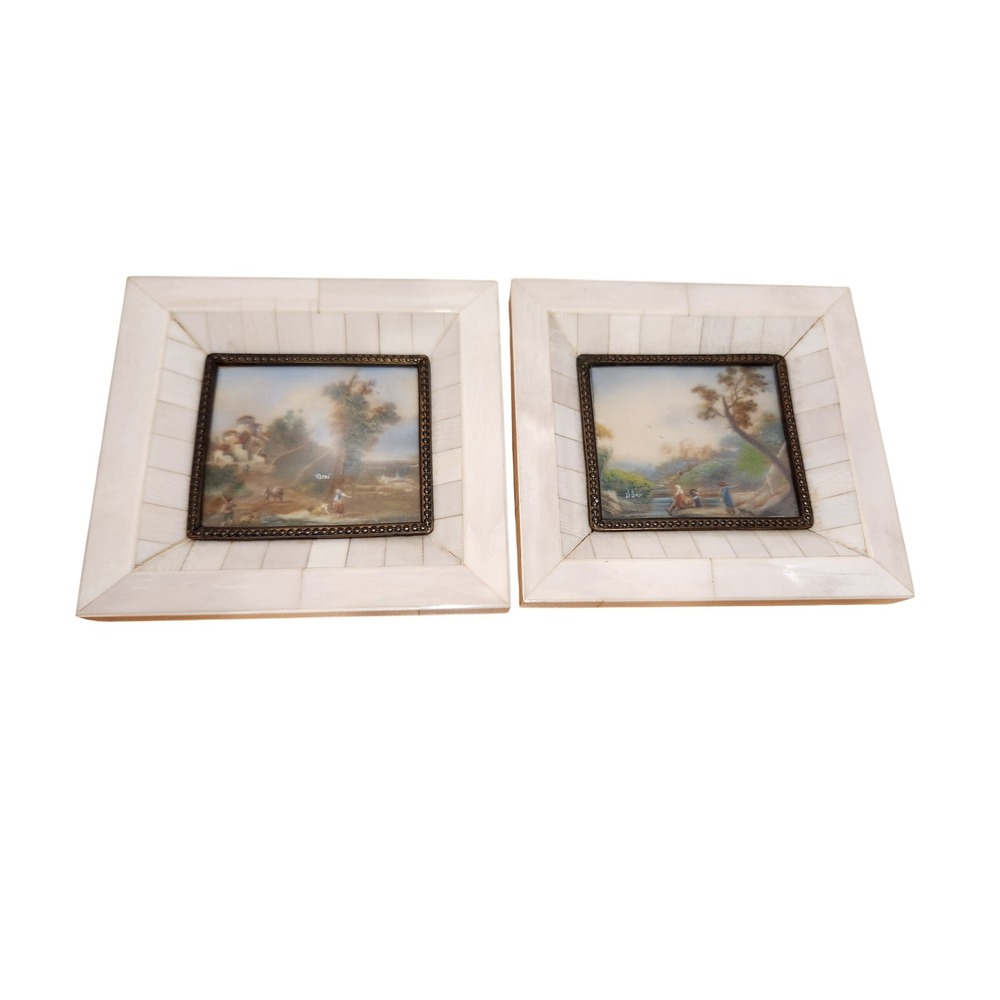 Vintage Avorio DM & C Italian Miniature Landscape Paintings Bone Inlay Frame Set